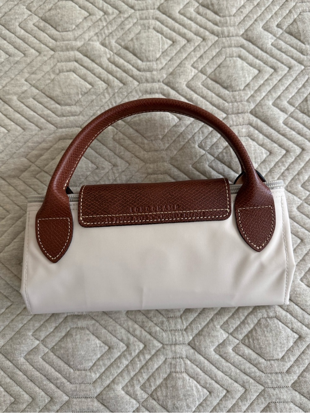 Longchamp Le Pliage Large Top Handle Cream Tote with Brown Leather Trim - Picture 7 of 9